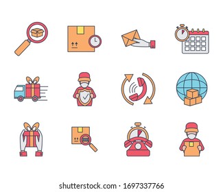 delivery man and fast delivery icon set over white background, line and fill style, vector illustration