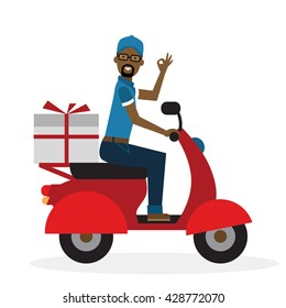 delivery man fast on bike boy flat sign eps gift cartoon concept moped vector