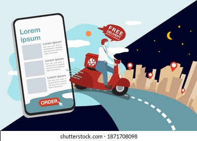 Delivery man is fast riding motorcycle in the city thru mobile phone all day and night.
Template for Online Shopping. Vector Illustration concept design