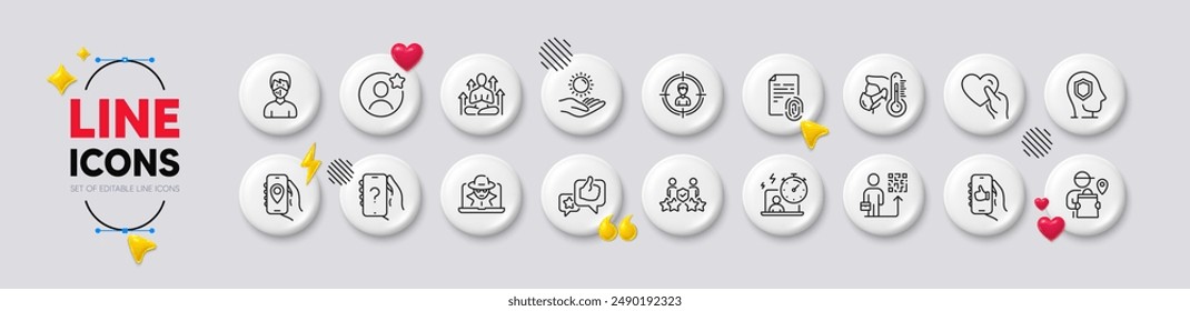 Delivery man, Fingerprint and Timer line icons. White buttons 3d icons. Pack of Sun protection, Hold heart, Like app icon. Ask question, Medical mask, Fraud pictogram. Vector