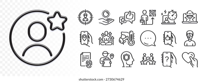 Hombre de entrega, huella digital y temporizador iconos de línea para el App de Web. Resplandor de efecto de luz. Icono de mensaje. Paquete de protección solar, sostenga el corazón, como iconos de pictogramas App. Vector