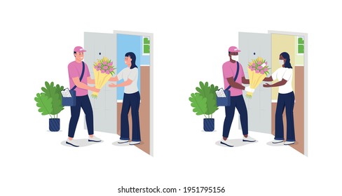 Delivery man with flowers and customer flat color vector detailed character set. Courier at home door, safe service isolated cartoon illustration for web graphic design and animation collection