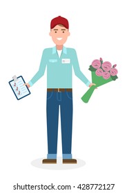 Delivery man with flowers. Fast transportation. Isolated cartoon character on white background. Postman, courier with clipboard and bouquet.