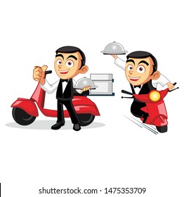 delivery man with food and motor cycle character vector