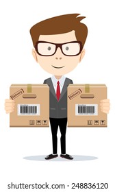Delivery man - Funny office worker man with boxes on the white background  for use in presentations, etc- Stock Vector illustration