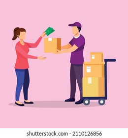 Delivery man gets money from woman for  a package. Delivery service. Cash on delivery. Vector colorful illustration.