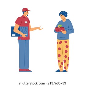 Hombre paradero recibe el pago en efectivo de su servicio, ilustración vectorial de dibujos planos aislada en fondo blanco. El comprador paga el paquete de entrega en efectivo.