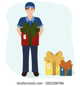 Delivery man with gift boxes. Delivery service vector illustration.