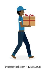 Delivery man with gift. Fast transportation. Isolated african american cartoon character on white background. Postman, courier with gift, present for birthday, anniversary and more.