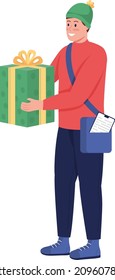 Delivery man with gift semi flat color vector character. Posing figure. Full body person on white. Order shipping isolated modern cartoon style illustration for graphic design and animation
