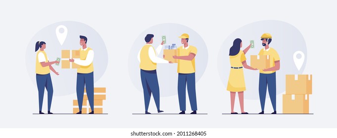 Delivery Man Gives Package. set of courier delivering package to customer. Vector illustration