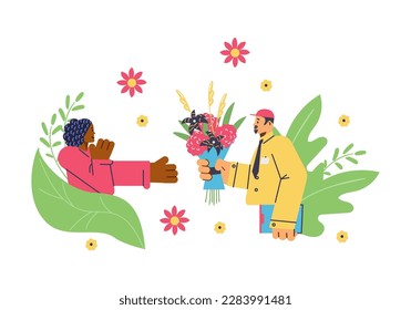 Delivery man giving beautiful bouquet to smiling woman flat style, vector illustration isolated on white background. Flower delivery service, surprise, design element