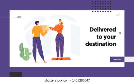Delivery Man Giving Box to the Client Website Banner. Delivery Shipping Service Concept with Courier Man Character  and Parcel, Woman Receiving Package Landing Page. Vector flat illustration
