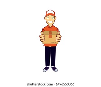 Delivery Man Giving a Box to Consumer or Recipient Mascot Illustration