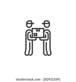 Delivery man giving box line icon. linear style sign for mobile concept and web design. Courier delivery parcel box outline vector icon. Symbol, logo illustration. Vector graphics