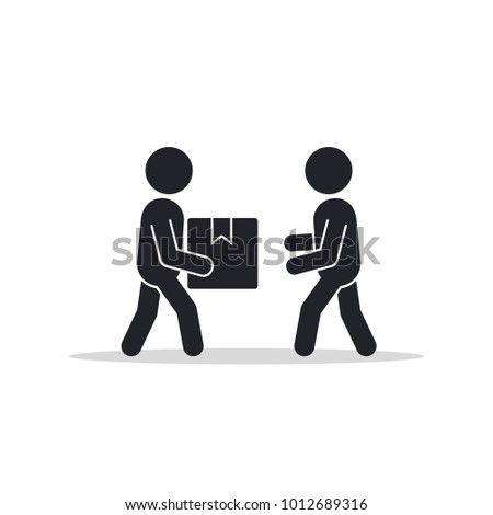 Delivery man giving box to other man icon. Vector isolated flat illustration.