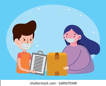 delivery man giving box to a woman with mask . Online shopping ecommerce vector illustration. COVID-19 coronavirus concept.