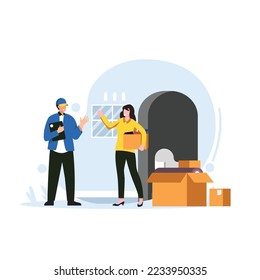 Delivery Man Giving Package Box to Customer.commercial home delivery symbol. Safe Delivery Concept. Fast delivery service man giving box to customer door vector illustration