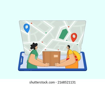 Delivery Man Giving Parcel To Female Customer And Map Navigation Through Smartphone.