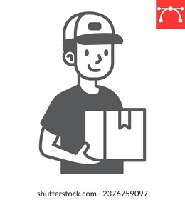 Delivery man glyph icon, service and courier, delivery man holding parcel vector icon, vector graphics, editable stroke solid sign, eps 10.