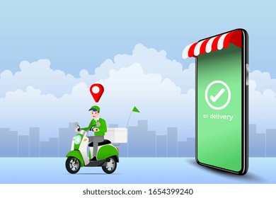 Delivery man going to deliver parcel, food, product to customer by app on a smartphone tracking on a moped with a ready meal, technology and logistics concept with city in the background.