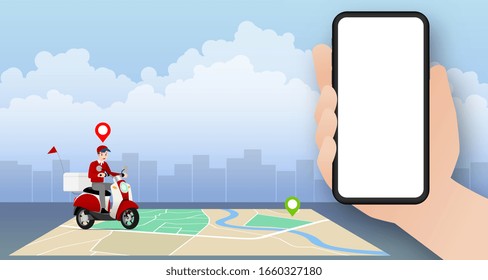 Delivery man going to deliver parcel, food, product to customer by app on blank screen smartphone tracking on a moped with a ready meal, technology and logistics concept with city in the background. 