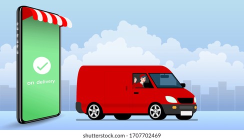 Delivery man going to deliver parcel, food, product to customer by a mini van with a ready meal, technology and logistics concept with city in the background. Vector illustration character design.