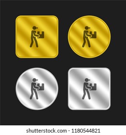 Delivery man gold and silver metallic coin logo icon design