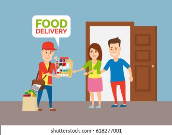 Delivery Man With Grocery Food Products And Couple At Home Near The Open Door