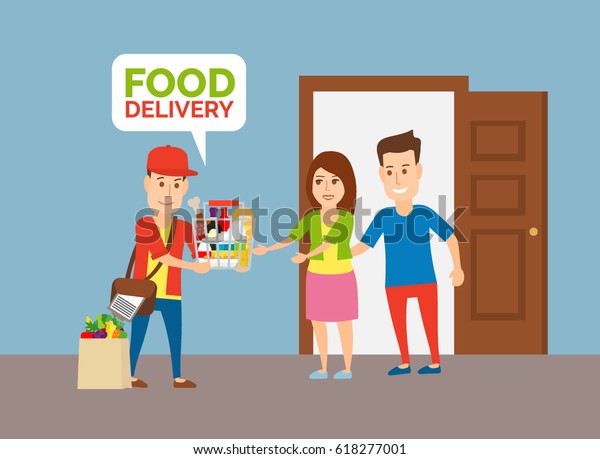 delivery man with grocery food products and couple\
at home near the open\
door