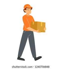 Delivery man, guy with cardboard box. Postman in cap isolated on white background. 