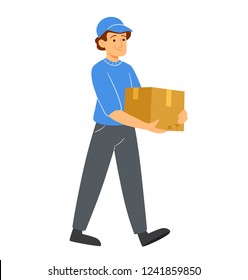 Delivery man, guy with cardboard box. Postman in cap isolated on white background
