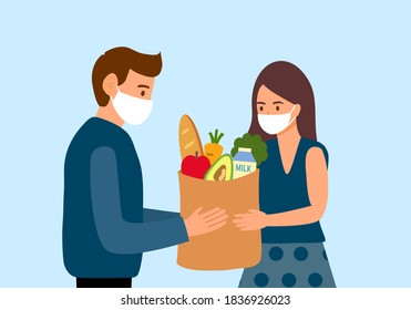Delivery man hand grocery  food to customer female in flat design. They wear medical mask to prevent Covid19 Coronavirus spreading. Health prevention when buying food from supermarket. 