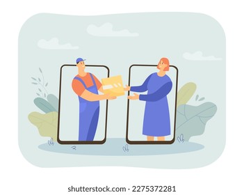 Hombre de parto entregando la caja a la mujer ilustración vectorial. Feliz cliente y trabajador con paquete en pantallas de smartphone. Servicio al cliente, entrega en línea, comercio electrónico, concepto de compra en línea