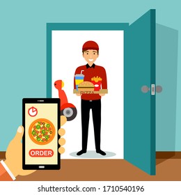 Delivery man handing fast food set and pizza box on doorway. Order food online via smartphone and delivering to customer home. Food delivery with fast shipping service concept vector illustration.