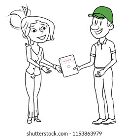 delivery man handing over a lost tablet to its owner gift item receiving by a girl lady women