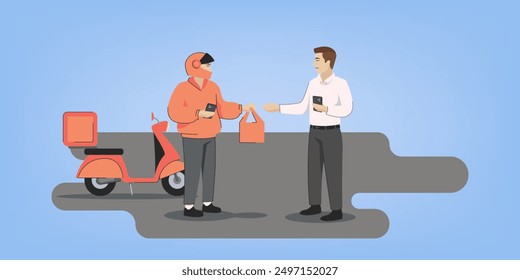 El repartidor entrega el paquete solicitado al cliente del hombre de negocios. Entrega Vector de moto. Diseño de Anuncio de comercio electrónico. Pedido en línea. Plantilla de diseño de compras en línea. Ilustración vectorial.