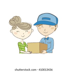 Delivery man handing a package to young woman