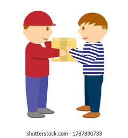A delivery man handing a parcel box to his customer cartoon vector