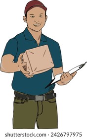 Liefermann Handling Paket zum Kunden mit lächelndem Gesicht.