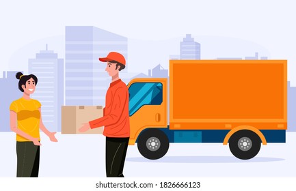 Delivery man handling parcel package box to customer. Vector