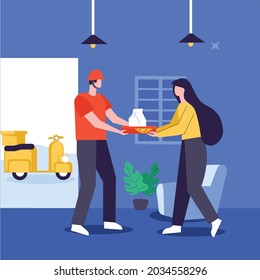 Delivery man handover delivery in customer home illustration concept vector
