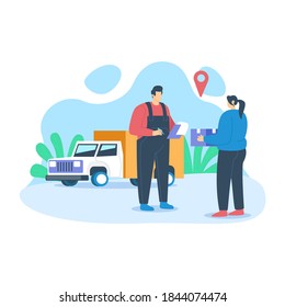 Delivery man handover product vector illustration concept