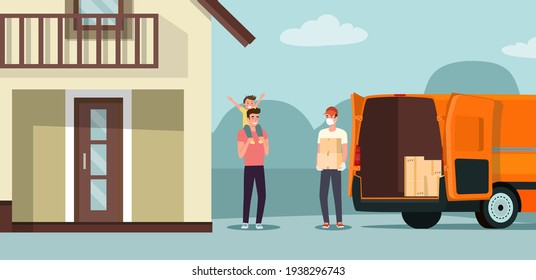 A delivery man hands a box unloaded from a cargo van to a man and a boy. Vector flat illustration.