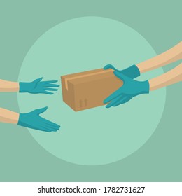 
delivery man hands delivering parcel to customer. Hands protected with medical gloves