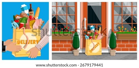 Delivery man hands passing grocery bag to woman. Food and meal shopping. Online order at doorstep. Home delivery product.