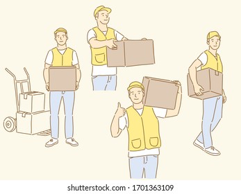 A delivery man is happily shipping a box.