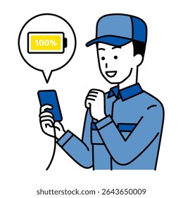 Delivery man is happy that his smartphone battery is full