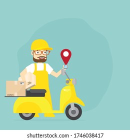 The delivery man is happy with work. Providing delivery of documents for various products purchased online Navigation. Delivery via GPS with a yellow Beautiful motorcycle. 