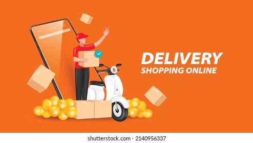 Delivery man He stood holding a parcel box and waved to invite customers to use his online shopping service. He had scooter beside him and smartphone behind him,vector 3d isolated on orange background